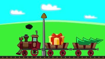 The locomotive goes and drags two carriages. In one carriage there is a present, in the other there is a tree for Christmas. Looped animation. Smoke is coming out of the chimney. video