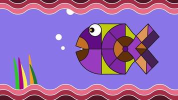 Abstract fish from geometric shapes of different colors. Bubbles fly out. Above and below, abstract waves move. No people . Horizontal. video