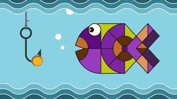 Abstract fish from geometric shapes of different colors. Bubbles fly out. Above and below, abstract waves move. No people . Horizontal. Fishing hook with attachment. video