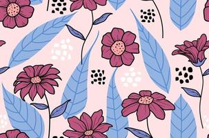 Seamless pattern with abstract flowers and leave. Creative floral surface design. Vector background