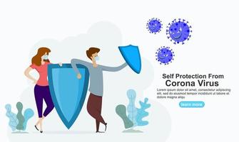 self protection from corona virus landing page for banners or web. vector illustration