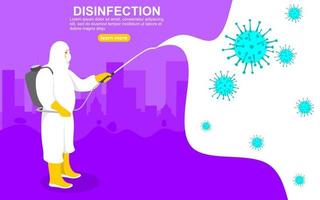 spraying disinfectant all over the place to avoid spreading virus. vector illustration