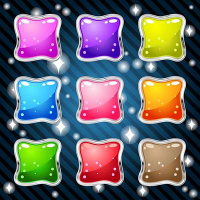 Jelly in border silver for match 3 puzzle game 9 colors. Vector illustration.