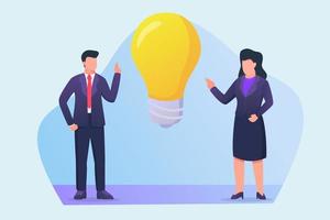 business man and business woman talking about new idea concept with big lightbulb icons vector