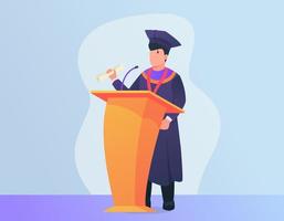 graduation speech concept with man giving speech on podium with modern flat style vector