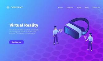 concepto de realidad virtual con gafas vr y personas para plantilla de sitio web o página de inicio de aterrizaje vector