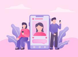 man and woman stalking profile online with smartphone device vector
