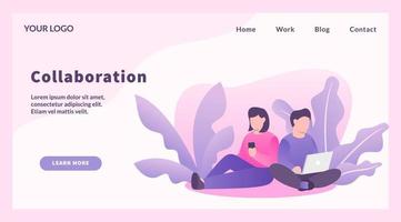 colaboración, trabajador, pareja, hombre y mujer, para, plantilla de sitio web, o, aterrizaje, página de inicio vector