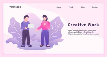 concepto de trabajo creativo con trabajo de hombre y mujer, use la computadora portátil para la plantilla del sitio web o la página de inicio de aterrizaje vector