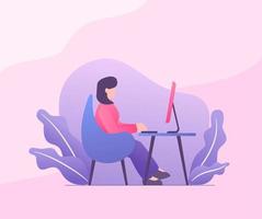 mujer trabaja en la computadora de mesa con estilo plano moderno vector