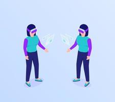 vr virtual reality glass concept with woman use to access data information with isometric flat style vector