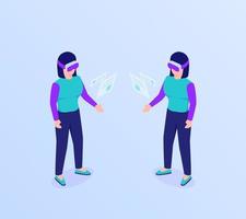 concepto de vidrio de realidad virtual vr con uso de mujeres para acceder a información de datos con estilo plano isométrico vector