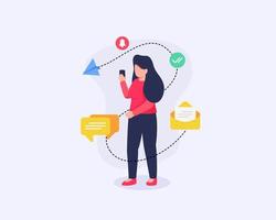 woman get social media notifications with some related icons spreading with modern flat style vector