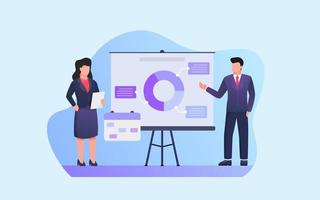 business presentation with man and woman presenting graph chart and data analysis vector