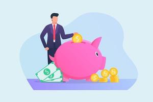 business man saving money in piggy bank concept with flat style vector