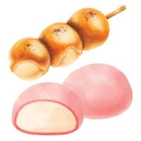 dango y mochi. comida japonesa acuarela elementos pintados a mano ilustraciones vector