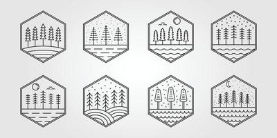 Conjunto de diseño de ilustración de vector de logotipo de arte de línea de árbol de pino