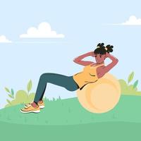 The girl goes in for sports outdoors. Young woman shakes the press on a gymnastic ball in the park. Flat vector illustration