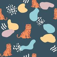 Vector seamless pattern with tigers isolated on blue background. abstract shapes. Animal background for fabric or wallpaper design. New Years Eve 2022 for background of calendars. Chinese symbol