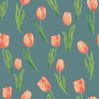 Red tulips on green background. Watercolor seamless pattern with spring flowers. vector