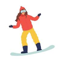 vector de dibujos animados snowboarder saltando. mujer joven o niña en snowboard. invierno plano. ilustración vectorial plana en estilo de dibujos animados. deporte.