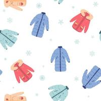 set of with cozy winter clothes. outerwear. jackets Backdrop with warm seasonal clothing or apparel. Cartoon vector illustration for wallpaper, wrapping paper, textile print. Flat cartoon