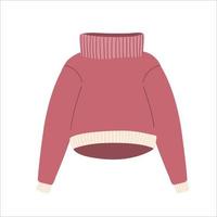 Flat vector cartoon illustration of a pink cozy warm sweater or Jumper . warm winter sweater with a large collar. hand drawing. Women s knitted warm clothing on white background.