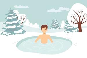 male Character Swimming in Ice. Healthy lifestyle challenge, sport activity concept. Hole in Winter Season. man Temper, Healthy Lifestyle Challenge, Sports Activity. Vector Illustration landscape