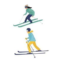 set of skiers Young woman or girl and boy riding on skis on snow, winter. Flat vector illustration in cartoon style. sport.