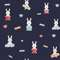 Seamless pattern with cute white bunnies with present on blue background. Vector background for children. Cartoon vector illustration for wallpaper, wrapping paper, textile print. Flat cartoon