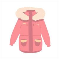 invierno rojo con cremallera chaqueta vector aislado sobre fondo blanco. parka con piel. dibujo a mano plano