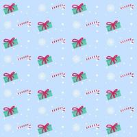 Seamless Christmas and New Year vector pattern with snowflakes, presents and canes. Blue background.