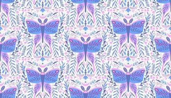 Seamless pattern Moth insect mirror composition.Ornamental branch leaf nature. vector