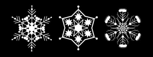 Set white snowflake on a black background. Decor for Christmas and New Year design of cards, banners, websites, icons. Elegant geometric vector linear illustration.