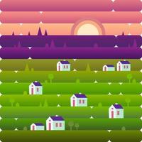 Landscape nature and small houses, the village, the countryside on the hills in the evening. Sunset. Vector illustration in flat and gradient style