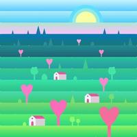 Countryside landscape, small houses, sunrise in the sky. Trees and love and hearts. Vector illustration in cartoon style