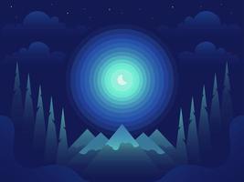 Mountain landscape at night with blue sky and shining month. Vector illustration in flat gradient style
