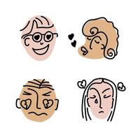 Doodle People in Love. Faces with emotions of love, flirting, anger, sadness. Icons for Valentines Day. For poster, t-shirts, bags, cups and card. Hand drawn vector illustration