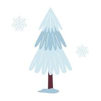 Blue fir tree cartoon, standing in the snow, winter park. Christmas tree. For New Year winter design. Simple vector illustration in flat minimalistic style isolated on white background