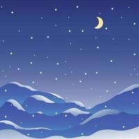 Navy blue Starry Night Sky or falling Snow and moon and mountains, beautiful Winter-time landscape background for your text or any Winter design. Vector illustration