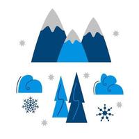 elementos del paisaje de invierno. montañas o colinas, picos nevados, montículos, árboles, copos de nieve. elemento de diseño, sitio, juego. ilustración vectorial simple en estilo plano vector