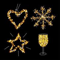 Christmas Gold Glitter Set, Champagne, snowflake, star, heart. Merry Christmas and New Year holiday elements for a card, poster, website, banner. Glittery vector illustration