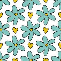 Blue chamomile pattern with yellow hearts on white background. vector