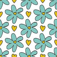 Blue chamomile pattern with yellow hearts on white background. vector