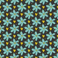 Blue chamomile pattern with yellow hearts on grey background. vector
