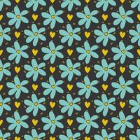 Blue chamomile pattern with yellow hearts on grey background. vector