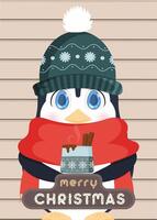 postal feliz navidad. el pingüino está bebiendo una bebida caliente. un pingüino con ropa de abrigo de invierno tiene una taza en sus manos. vector