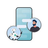Online shopping banner. A robot in dialogue with a guy. Suitable for apps, sites and topics related to automatic replies and artificial intelligence. . vector