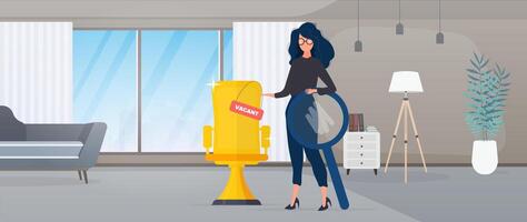 Girl shows on a vacant place. Gold cup in the shape of an office chair. The concept of open work. Suitable for registration on the topic of job search and workers. . vector