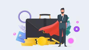 Hombre de negocios exitoso. una maleta grande, billetera, tarjeta de crédito, monedas de oro, dólares. el concepto de beneficio, reembolso o riqueza. banner sobre el tema de las finanzas. vector. vector